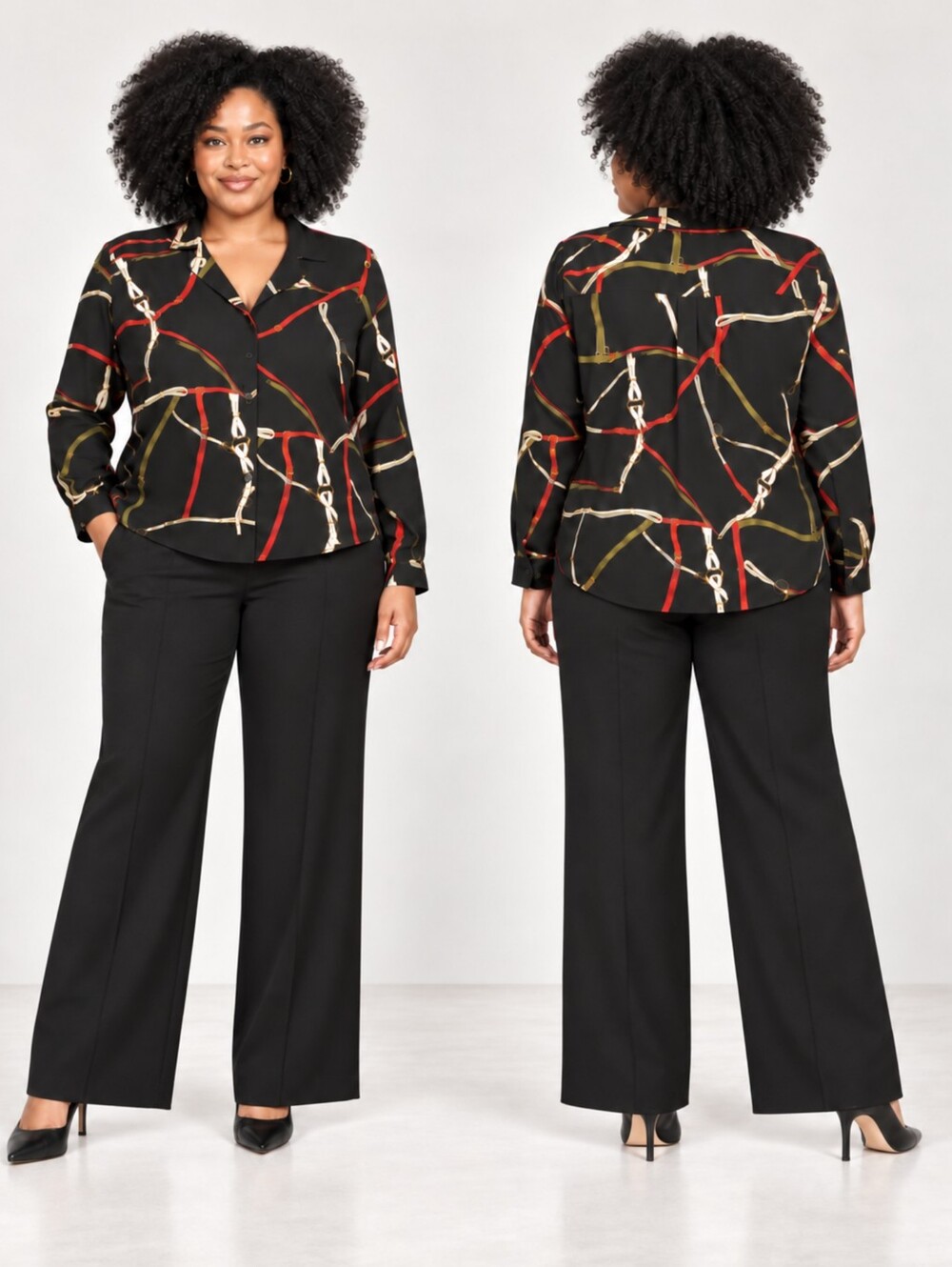 OR Oakridge Women’s Equestrian Print Button Front Blouse Black Size 36/12